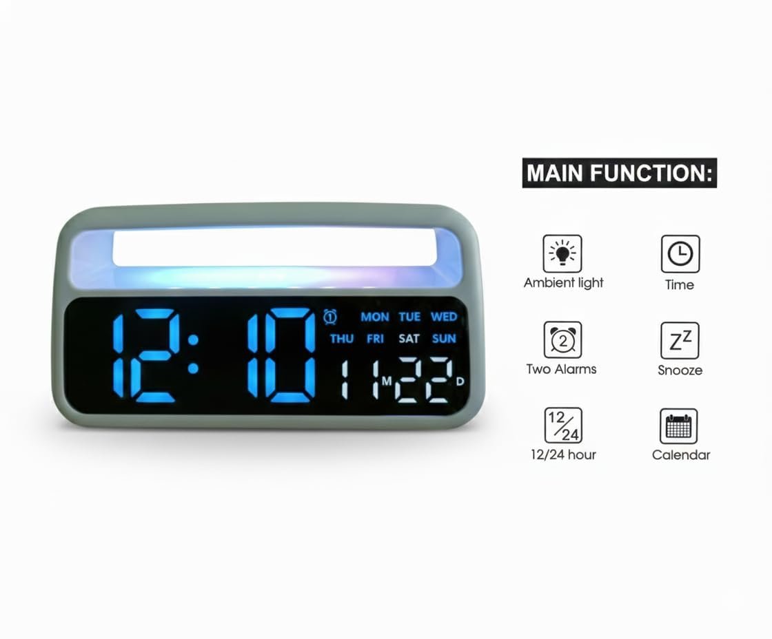 7-Inch Digital Alarm Clock, Table Clock,Night Light Dimmer,Snooze, USB Ports, Super Loud Alarm for 